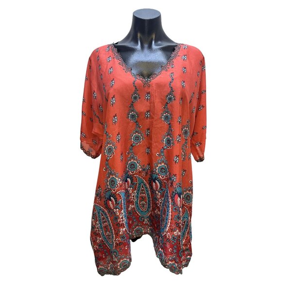 Johnny Was Silk Coral Sheer Floral Tunic Top w/Lace Trim Size L - Picture 1 of 10